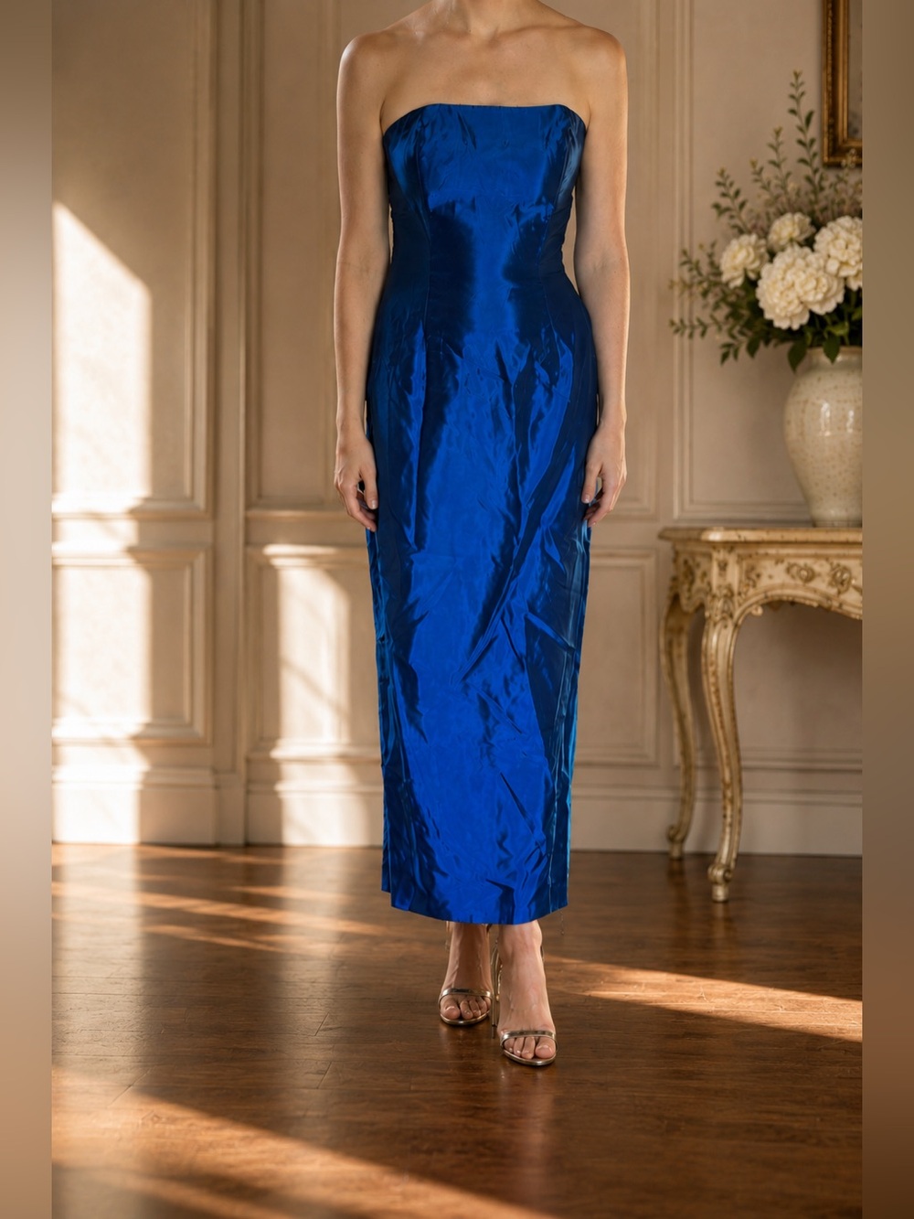 Vintage Jessica McClintock Strapless Taffeta Gown Iridescent Blue Sz 8 NWT